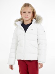 Tommy Hilfiger White Girls Essential Down Faux Fur Hood Jacket - Image 9 of 12