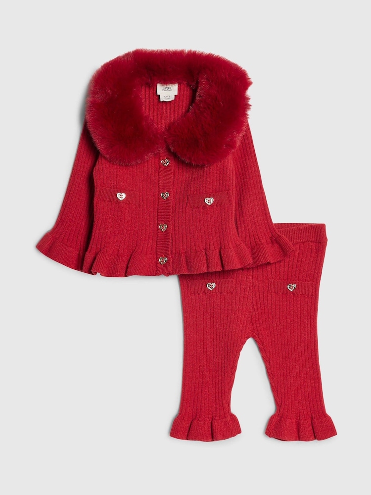 River Island Red Faux Fur Collar Cardigan & Leggings Set - Image 1 of 5 River Island Red Faux Fur Collar Cardigan & Leggings Set - Image 1 of 5