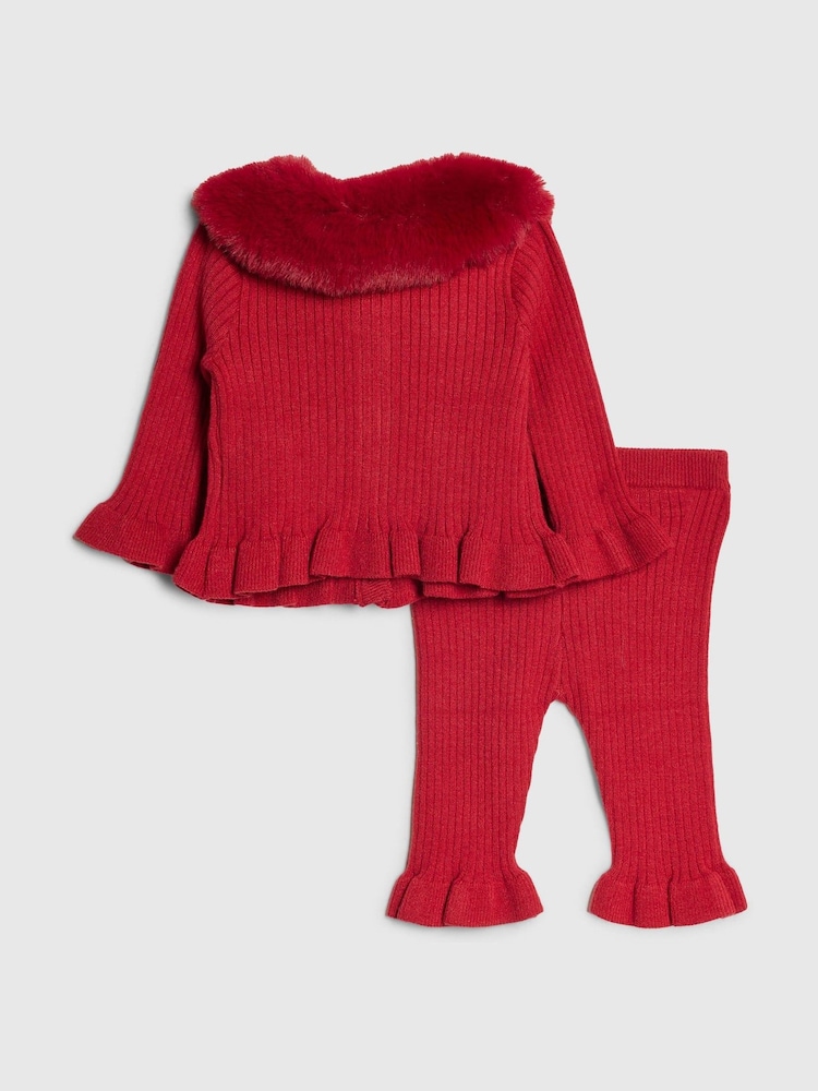 River Island Red Faux Fur Collar Cardigan & Leggings Set - Image 2 of 5 River Island Red Faux Fur Collar Cardigan & Leggings Set - Image 2 of 5