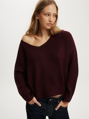 Cotton On Red Softest Luxe Slouchy V-Neck Knit Jumper - Image 4 of 6