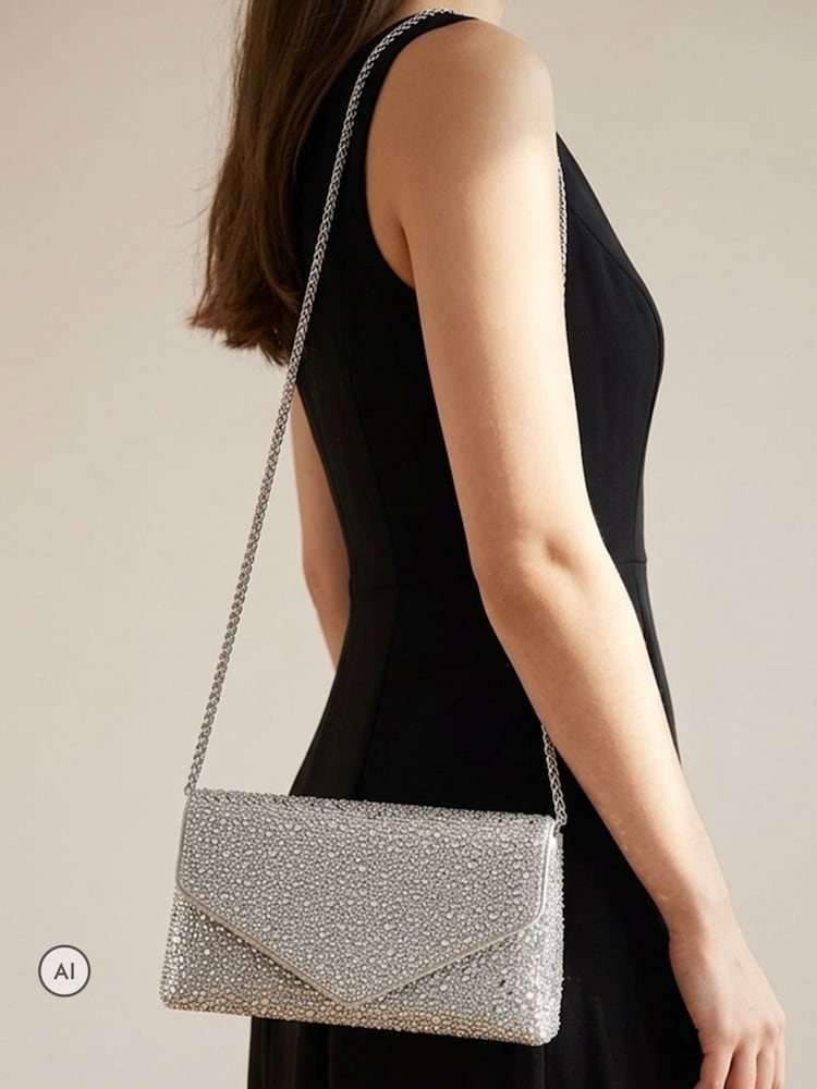 Jones Bootmaker Silver Vertigo Touch Fasten Embellished Clutch Bag - Image 1 of 4 Jones Bootmaker Silver Vertigo Touch Fasten Embellished Clutch Bag - Image 1 of 4