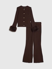 River Island Brown Faux Fur Cuff Martini Top & Trousers Set - Image 1 of 5