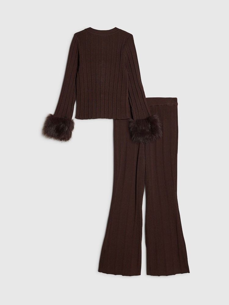River Island Brown Faux Fur Cuff Martini Top & Trousers Set - Image 2 of 5