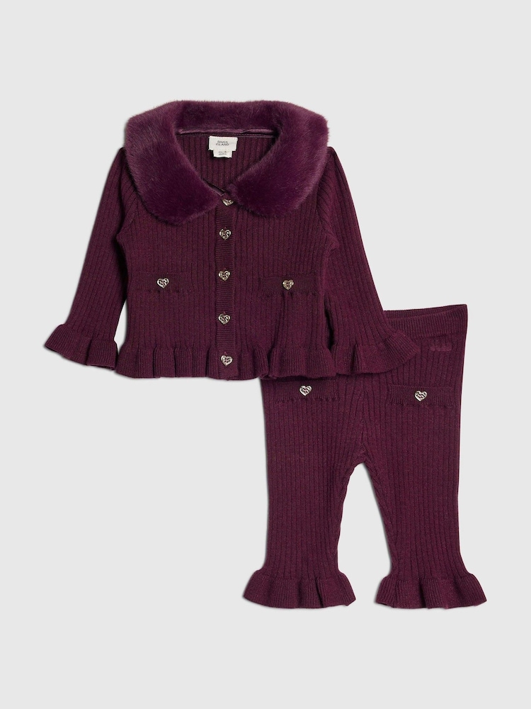 River Island Purple Faux Fur Collar Cardigan & Leggings Set - Image 1 of 5