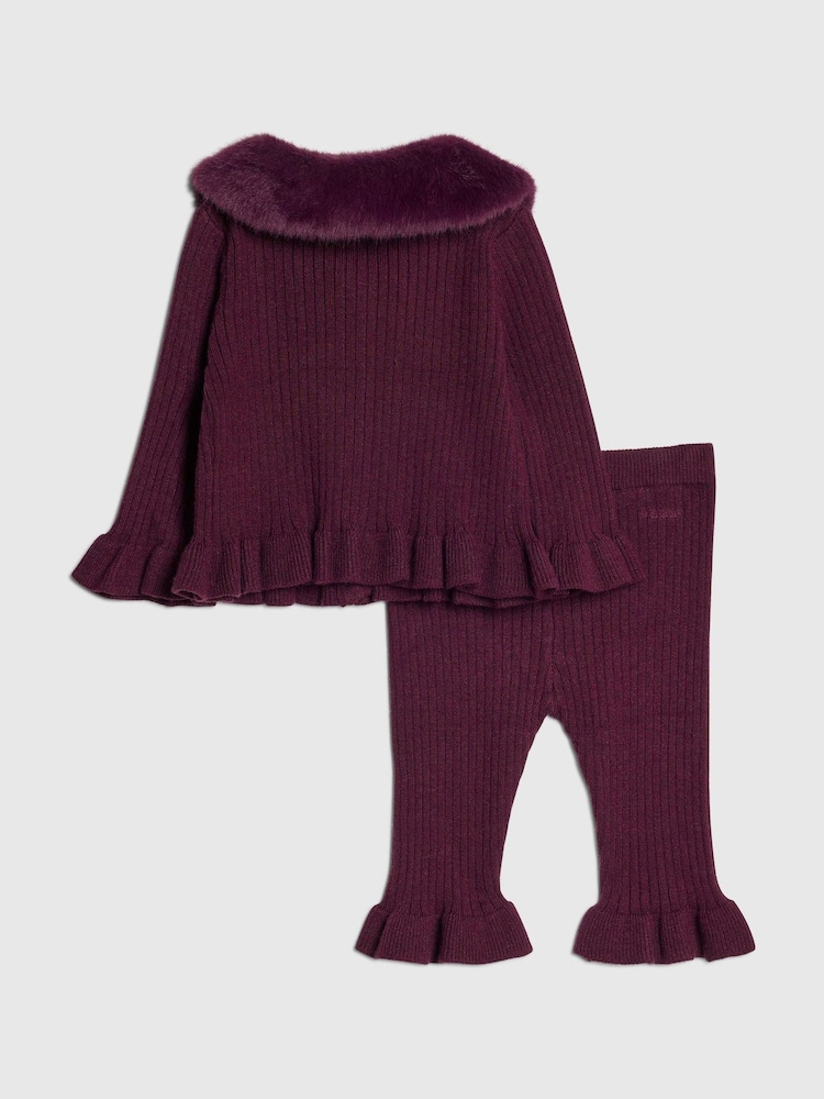 River Island Purple Faux Fur Collar Cardigan & Leggings Set - Image 2 of 5