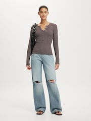 Cotton On Brown Blake Henley Long Sleeve Top - Image 1 of 4