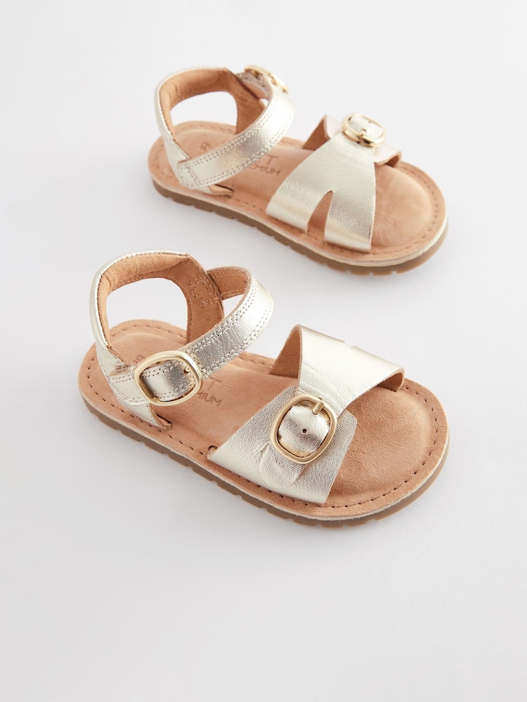 Gold Wide Fit (G) Leather Buckle Sandals - Image 1 of 5