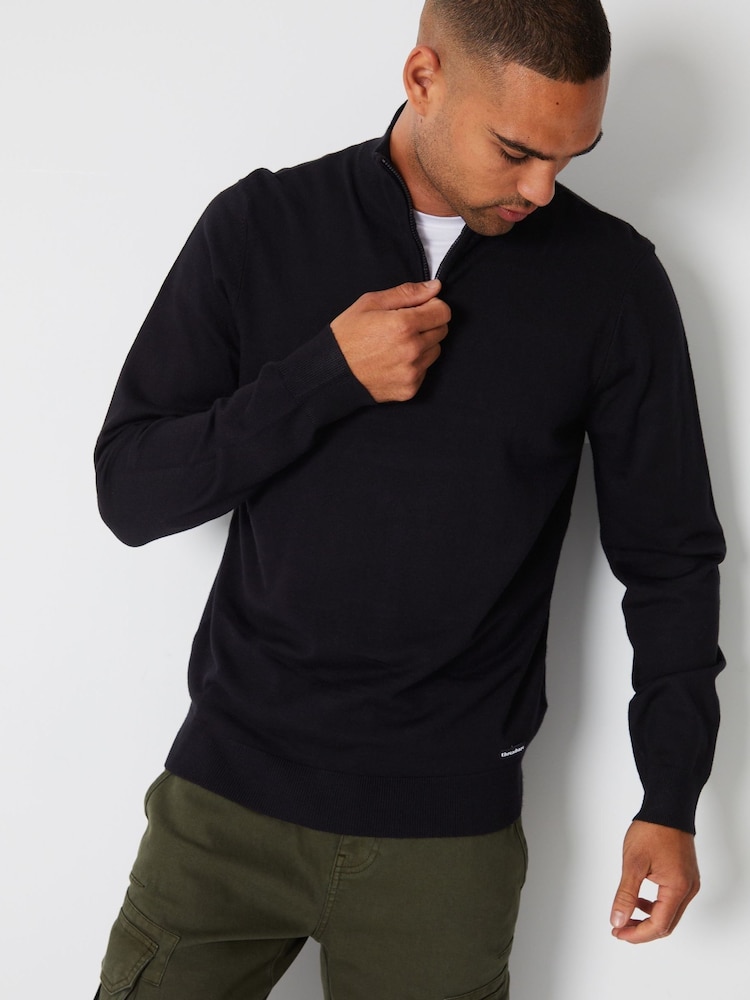 Threadbare Black Funnel Quarter Zip Knitted Jumper - Image 1 of 4