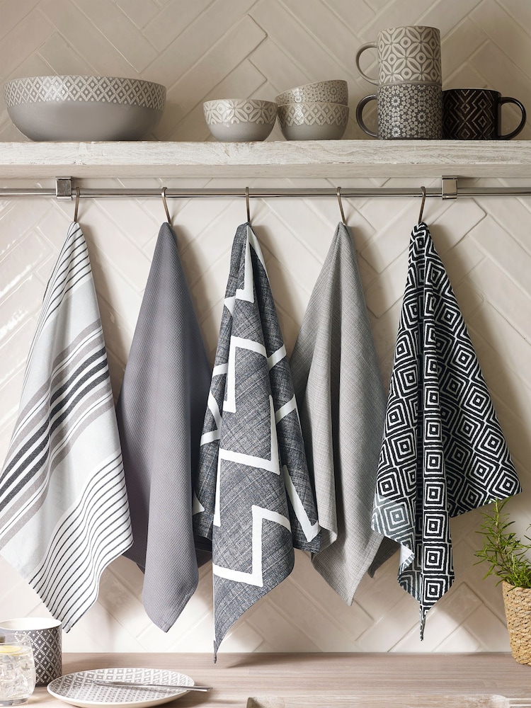 Set of 5 Grey Geo 100% Cotton Tea Towels - Image 1 of 1