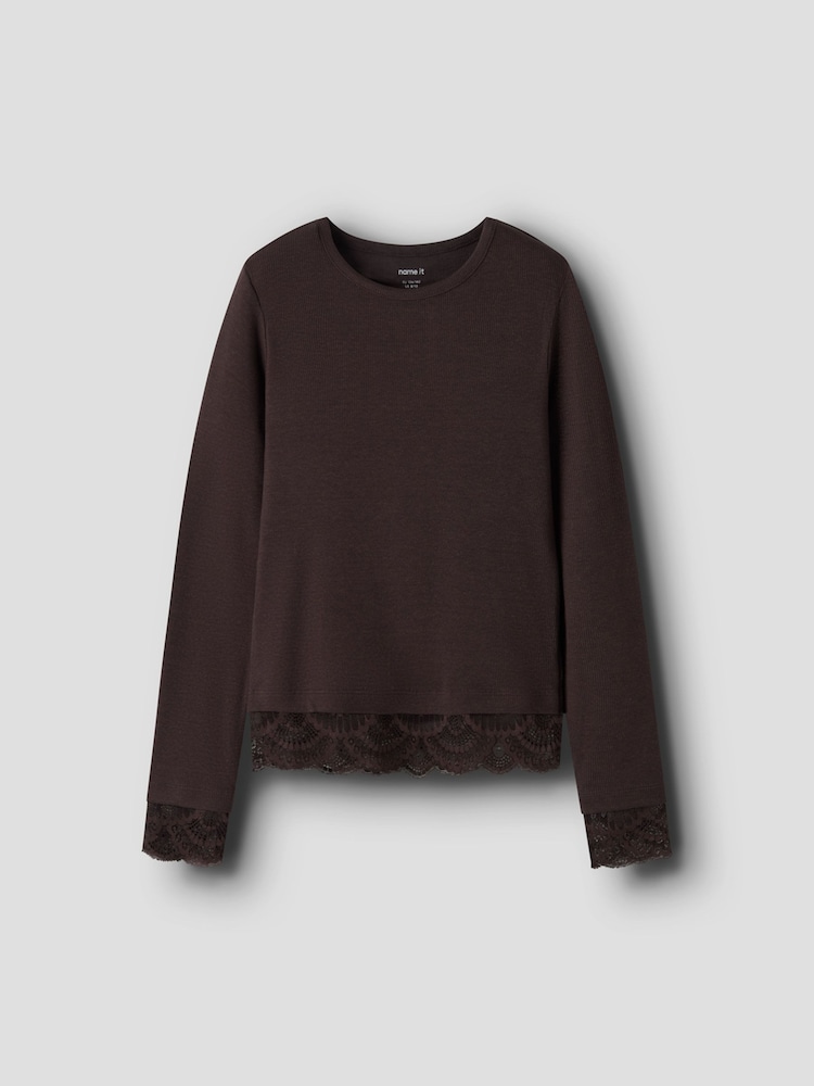 Name It Brown Lace Trim long Sleeve Top - Image 1 of 3