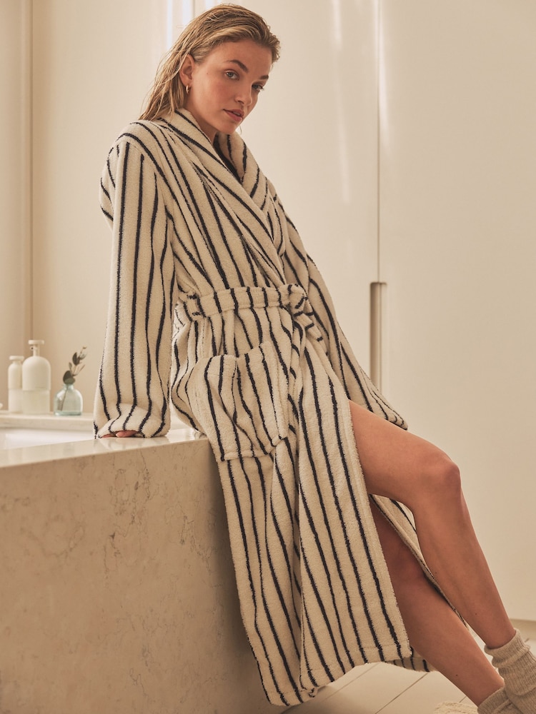 Cream / Navy Stripe 100% Cotton Towelling Dressing Gown - Image 1 of 6