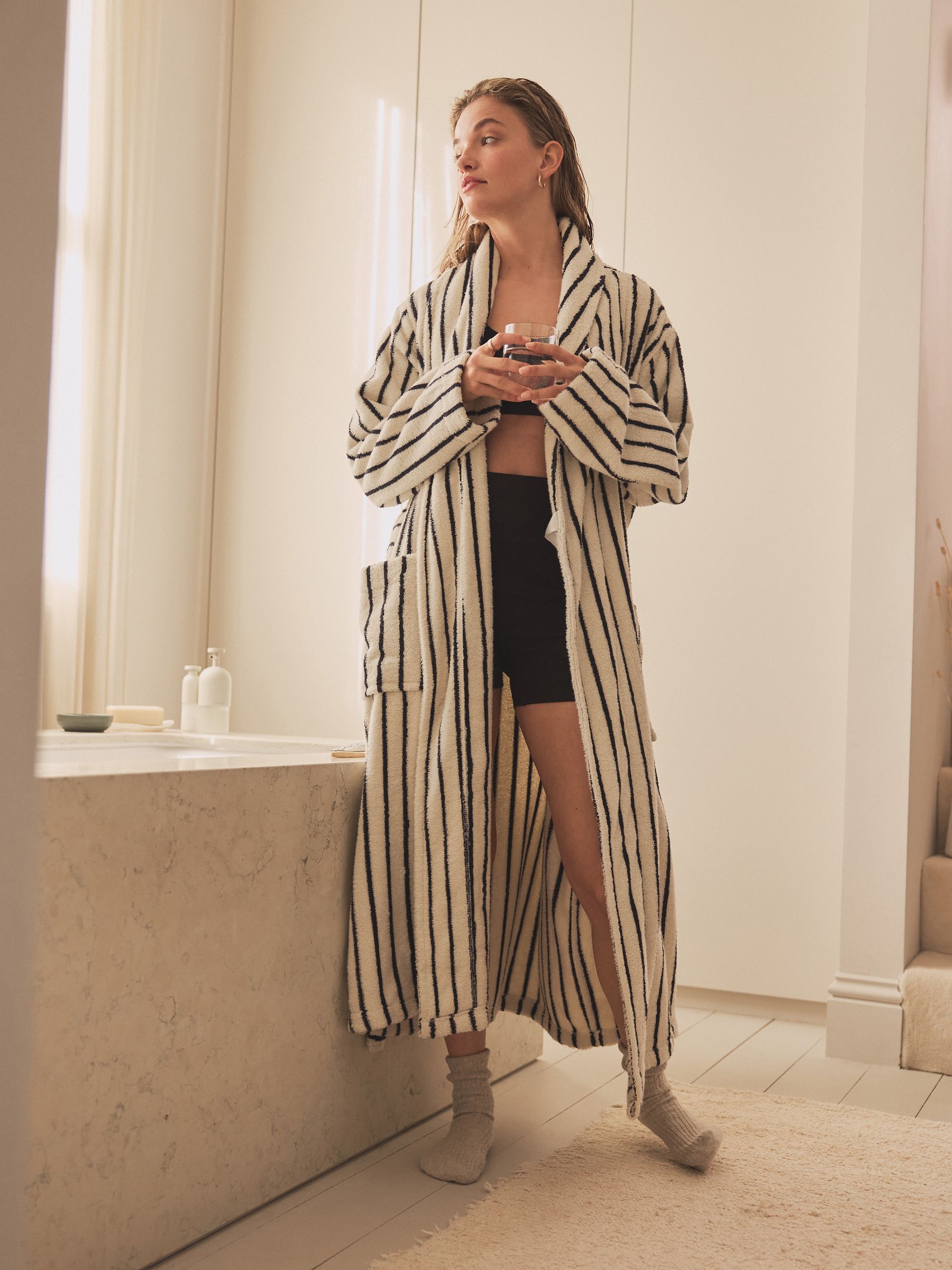 Buy Cream Navy Stripe 100 Cotton Towelling Dressing Gown from Next Luxembourg