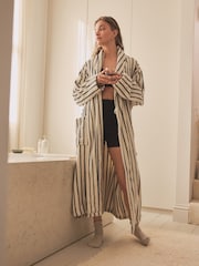 Cream / Navy Stripe 100% Cotton Towelling Dressing Gown - Image 2 of 6