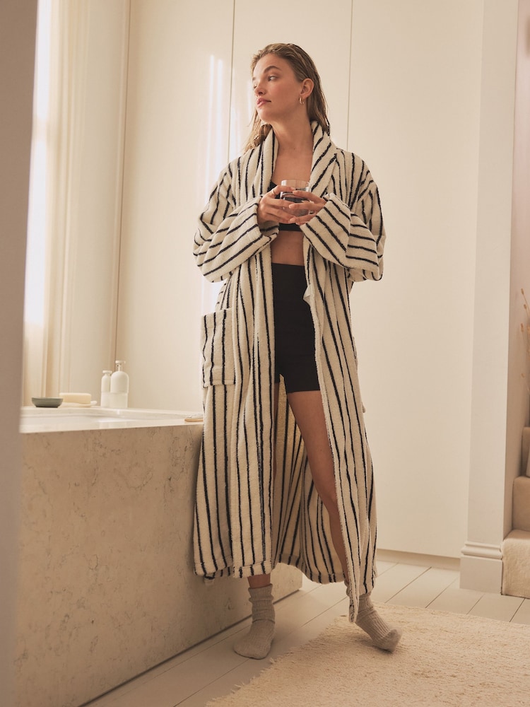 Cream / Navy Stripe 100% Cotton Towelling Dressing Gown - Image 2 of 6