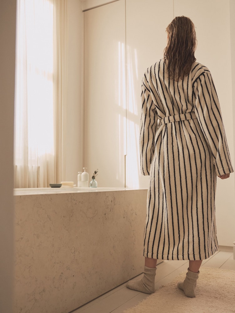 Cream / Navy Stripe 100% Cotton Towelling Dressing Gown - Image 3 of 6