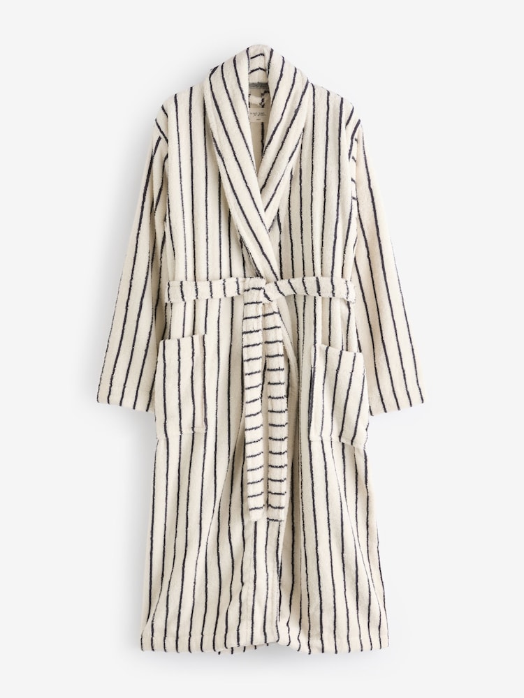 Cream / Navy Stripe 100% Cotton Towelling Dressing Gown - Image 5 of 6