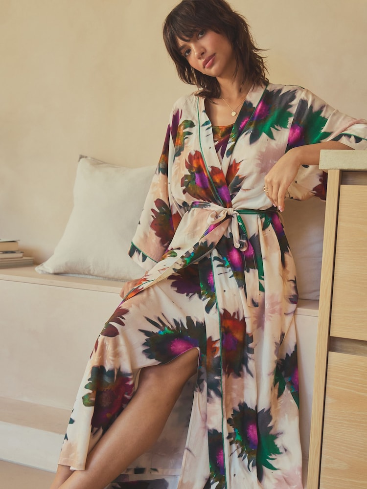 Cream/Purple Floral Lightweight Dressing Gown - Image 1 of 6 Cream/Purple Floral Lightweight Dressing Gown - Image 1 of 6