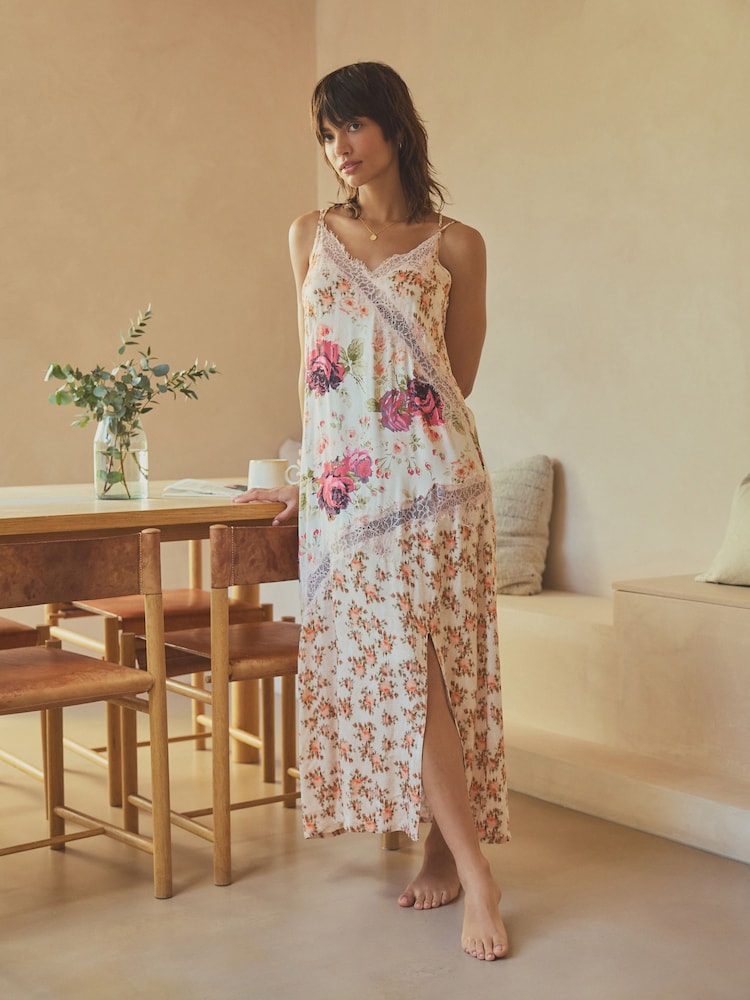 Pink Floral Viscose Lace Nightie - Image 1 of 8