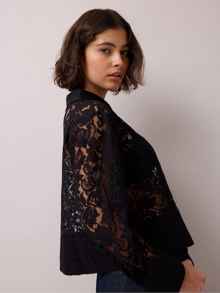 Ro&Zo Black Lace And Satin Trim Shirt - Image 2 of 6