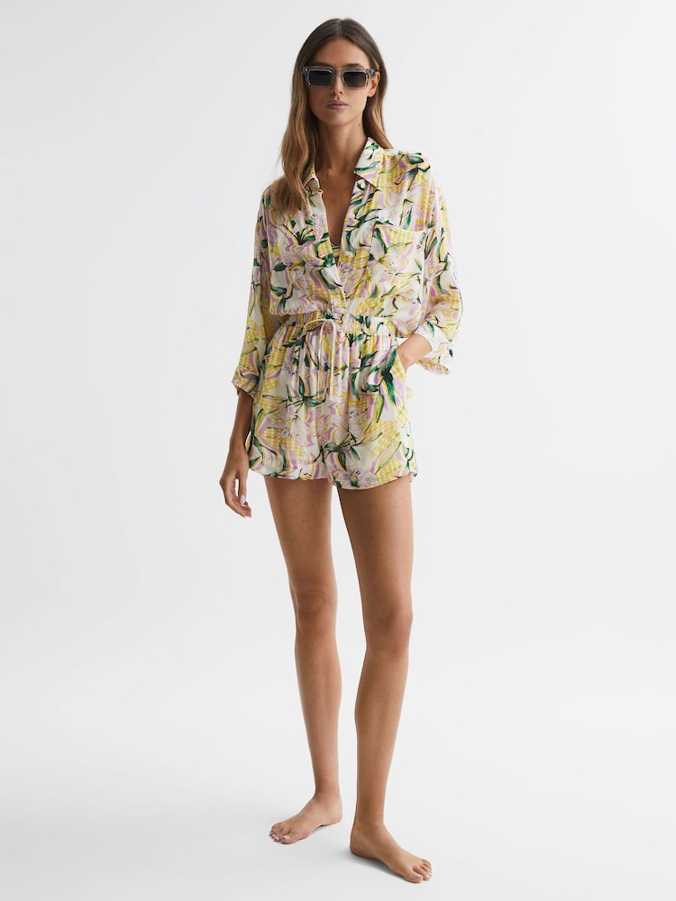 Reiss Yellow Print Anja Floral Print Drawstring Shorts - Image 1 of 4