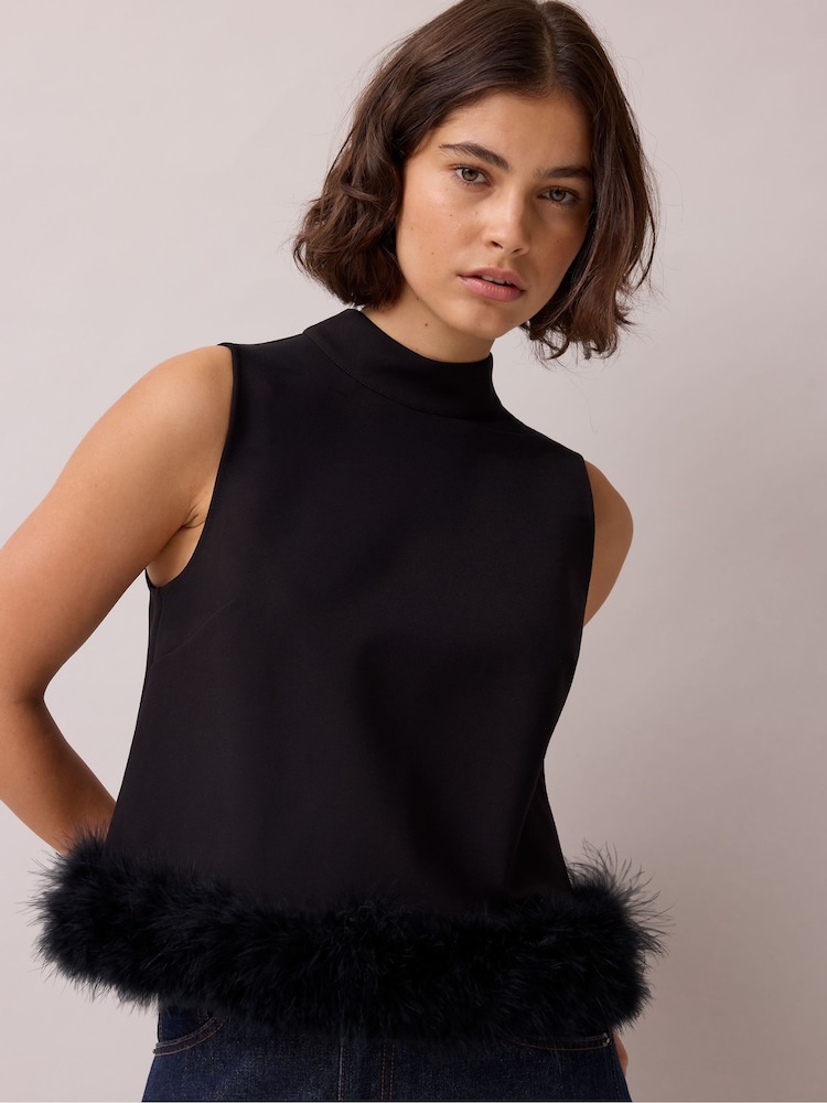 Ro&Zo Black Feather Trim High Neck Top - Image 1 of 5