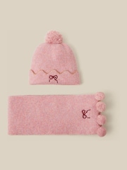 Monsoon Pink Embroidered Bow Bobble Hat & Scarf Set - Image 1 of 2