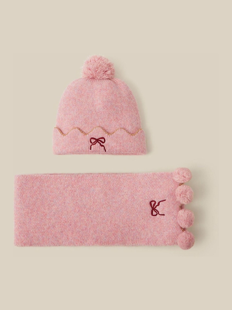 Monsoon Pink Embroidered Bow Bobble Hat & Scarf Set - Image 1 of 2 Monsoon Pink Embroidered Bow Bobble Hat & Scarf Set - Image 1 of 2