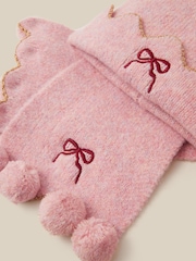 Monsoon Pink Embroidered Bow Bobble Hat & Scarf Set - Image 2 of 2