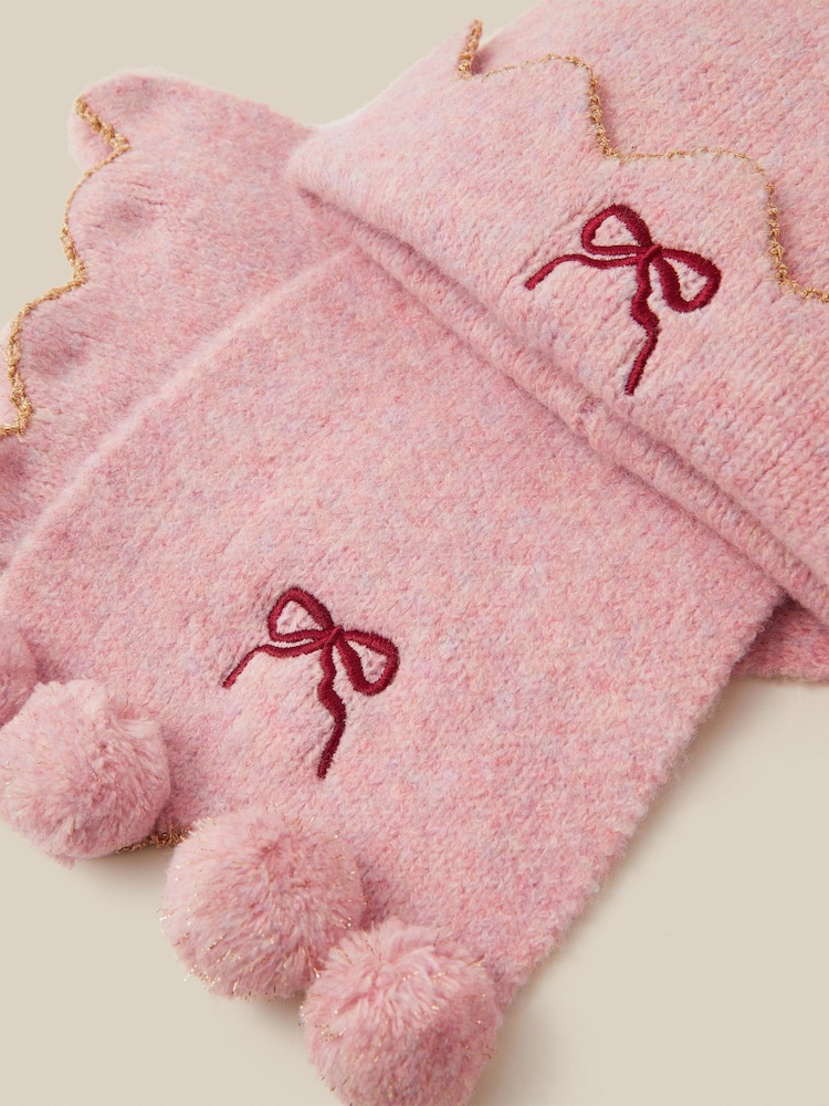 Monsoon Pink Embroidered Bow Bobble Hat & Scarf Set - Image 2 of 2 Monsoon Pink Embroidered Bow Bobble Hat & Scarf Set - Image 2 of 2