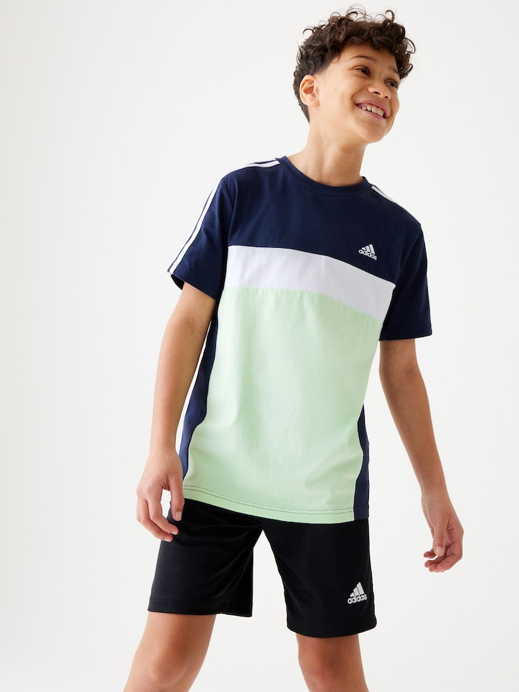 adidas Navy/Green Kids Sportswear Tiberio 3-Stripes Colourblock 100% Cotton T-Shirt - Image 1 of 6