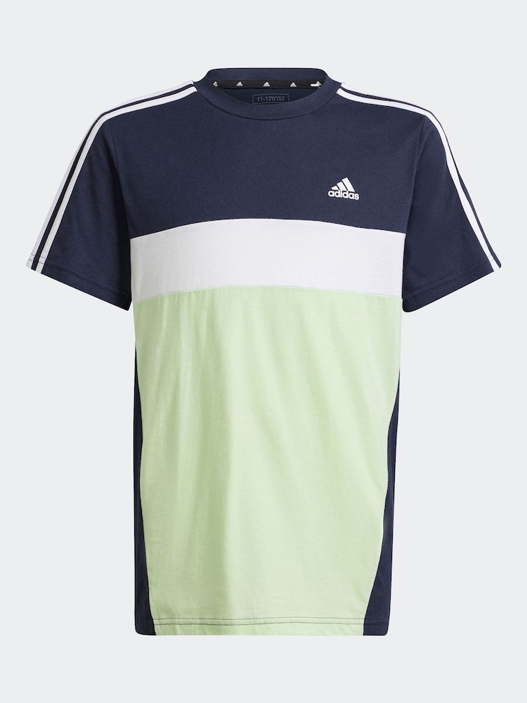 adidas Navy/Green Kids Sportswear Tiberio 3-Stripes Colourblock 100% Cotton T-Shirt - Image 2 of 6
