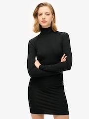 Superdry Black Long Sleeve High Neck Mini Dress - Image 1 of 6