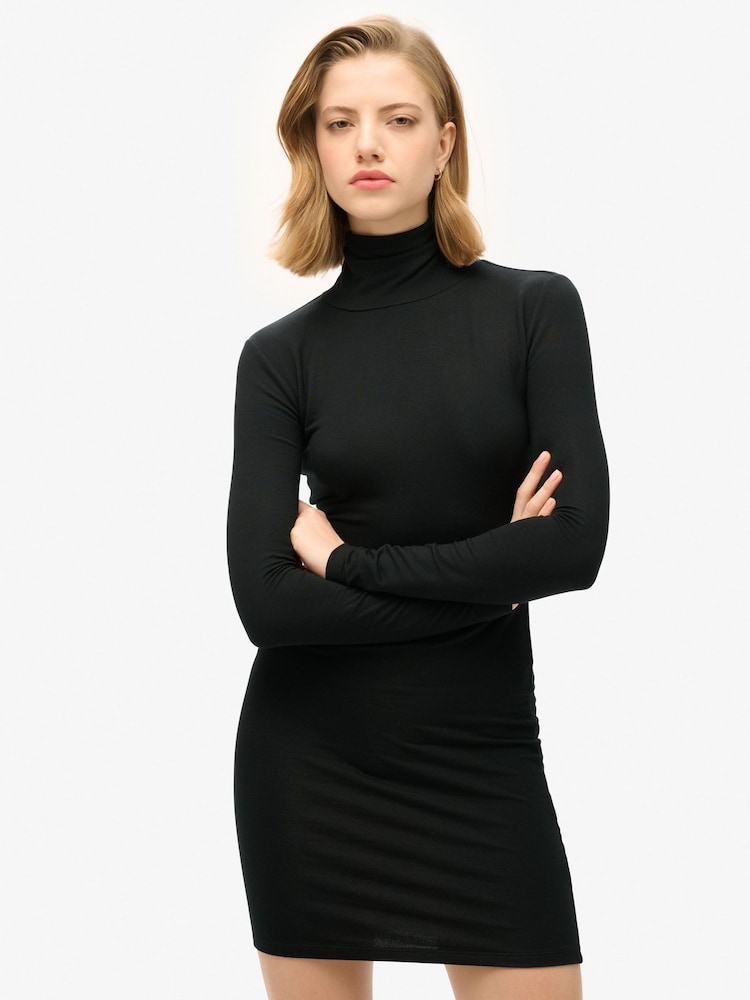 Superdry Black Long Sleeve High Neck Mini Dress - Image 1 of 6