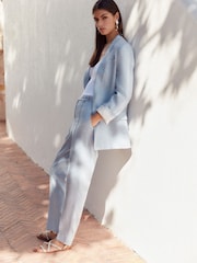 Blue Textured Linen Tapered Leg Trousers - Image 1 of 7