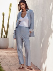 Blue Textured Linen Tapered Leg Trousers - Image 2 of 7