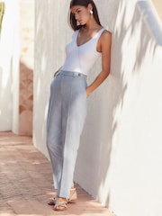 Blue Textured Linen Tapered Leg Trousers - Image 3 of 7