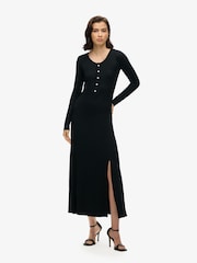 Superdry Black Henley Long Sleeve Midi Dress - Image 1 of 6