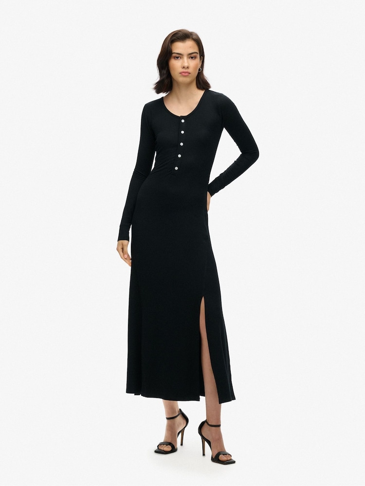 Superdry Black Henley Long Sleeve Midi Dress - Image 1 of 6
