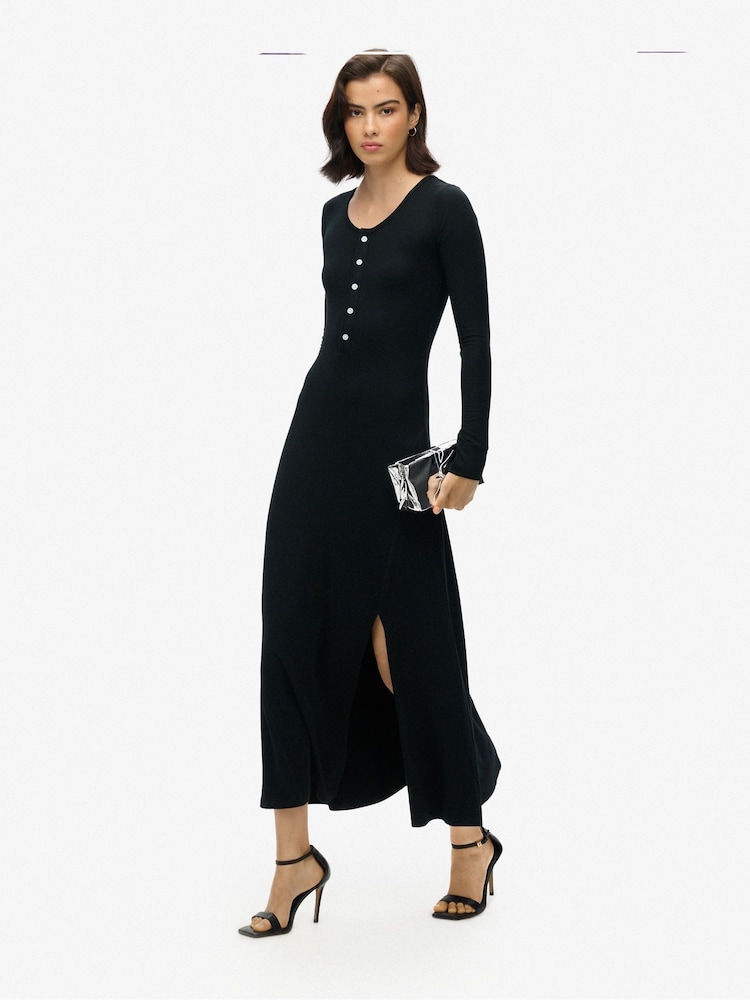 Superdry Black Henley Long Sleeve Midi Dress - Image 2 of 6