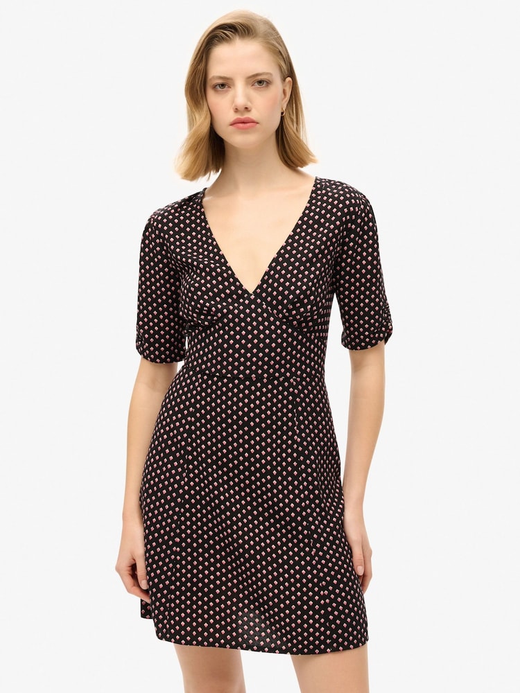 Superdry Diamond Geo Black Printed Short Sleeve Mini Tea Dress - Image 1 of 8