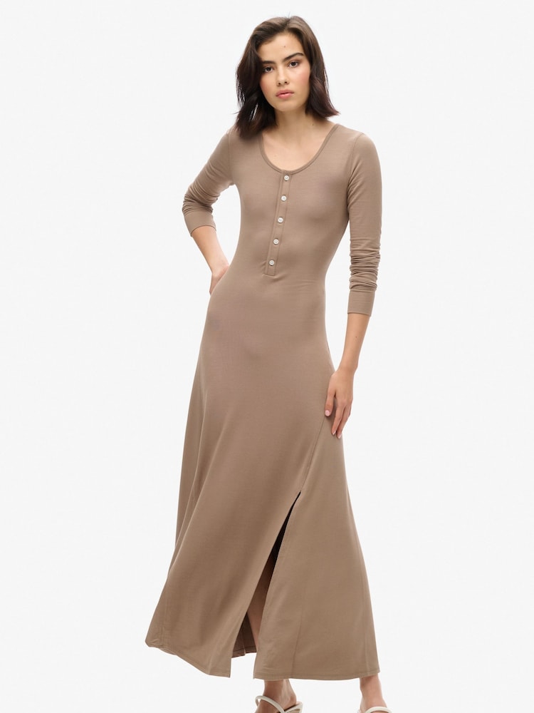 Superdry Fossil Brown Henley Long Sleeve Midi Dress - Image 1 of 3 Superdry Fossil Brown Henley Long Sleeve Midi Dress - Image 1 of 3