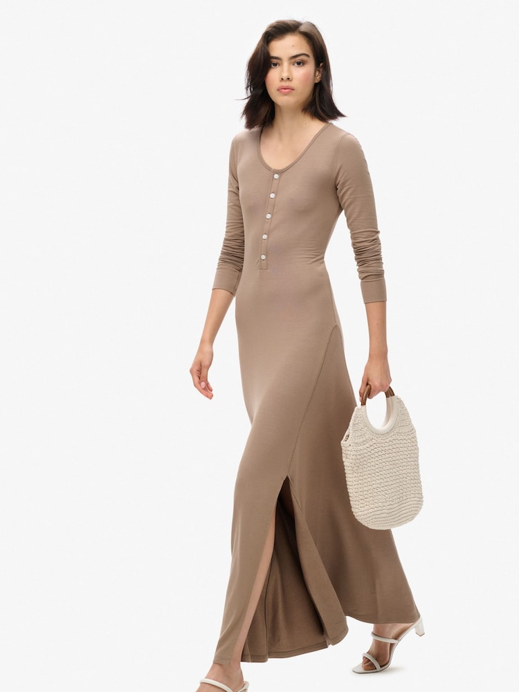 Superdry Fossil Brown Henley Long Sleeve Midi Dress - Image 2 of 3 Superdry Fossil Brown Henley Long Sleeve Midi Dress - Image 2 of 3