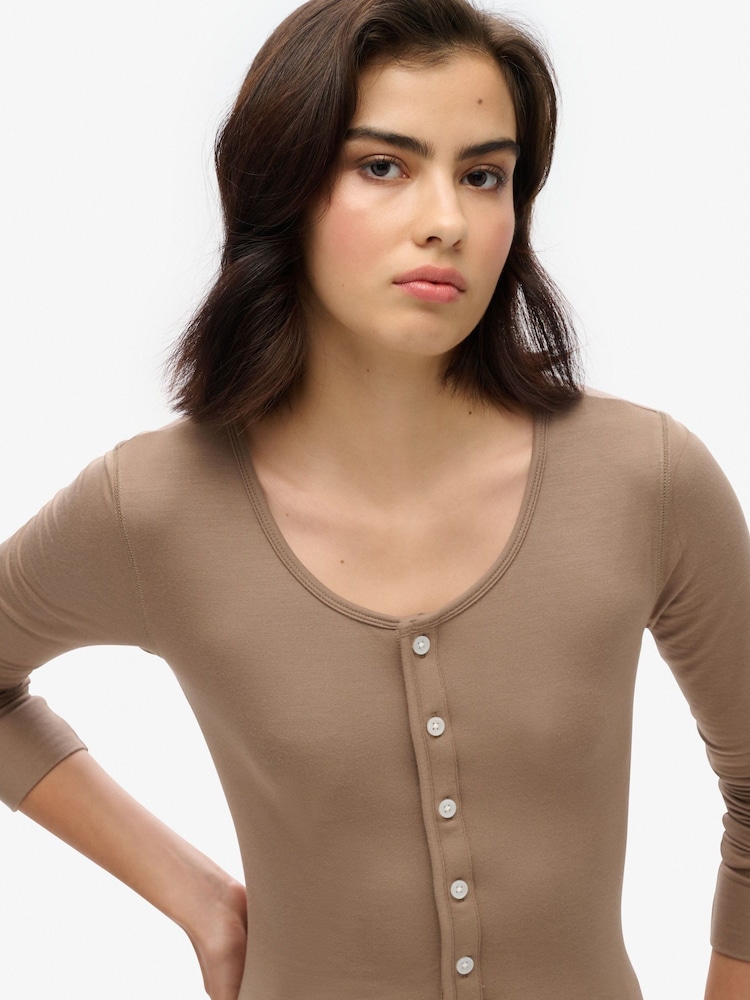 Superdry Fossil Brown Henley Long Sleeve Midi Dress - Image 3 of 3 Superdry Fossil Brown Henley Long Sleeve Midi Dress - Image 3 of 3