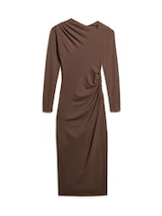 Superdry Chocolate Brown Long Sleeve Ruched Midi Dress - Image 5 of 6