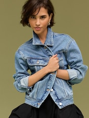 Mid Blue Oversized Denim Trucker 100% Cotton Jacket - Image 1 of 7