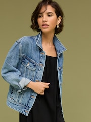Mid Blue Oversized Denim Trucker 100% Cotton Jacket - Image 3 of 7