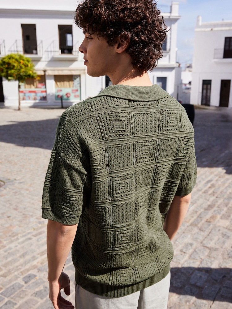 Khaki Green Regular Crochet Trophy Neck Polo Shirt - Image 1 of 4