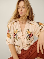 Monsoon Cream Yvette Embroidered Lace Tie Top - Image 1 of 5