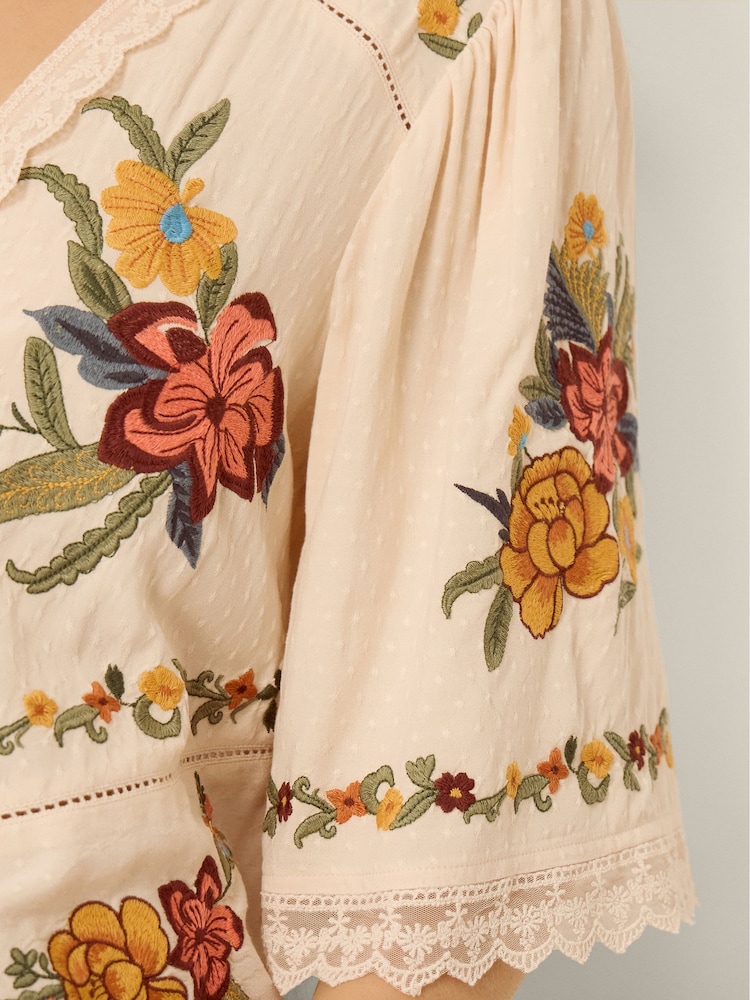 Monsoon Cream Yvette Embroidered Lace Tie Top - Image 2 of 5