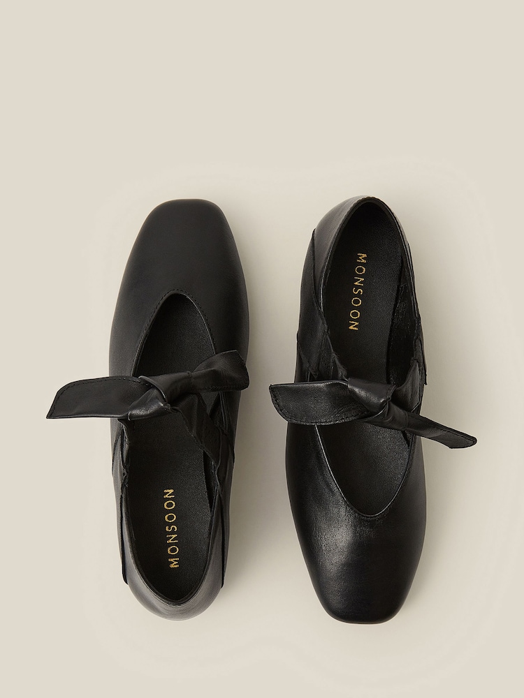Monsoon Black Rena Bow Strap Leather Ballet Flats - Image 1 of 3 Monsoon Black Rena Bow Strap Leather Ballet Flats - Image 1 of 3